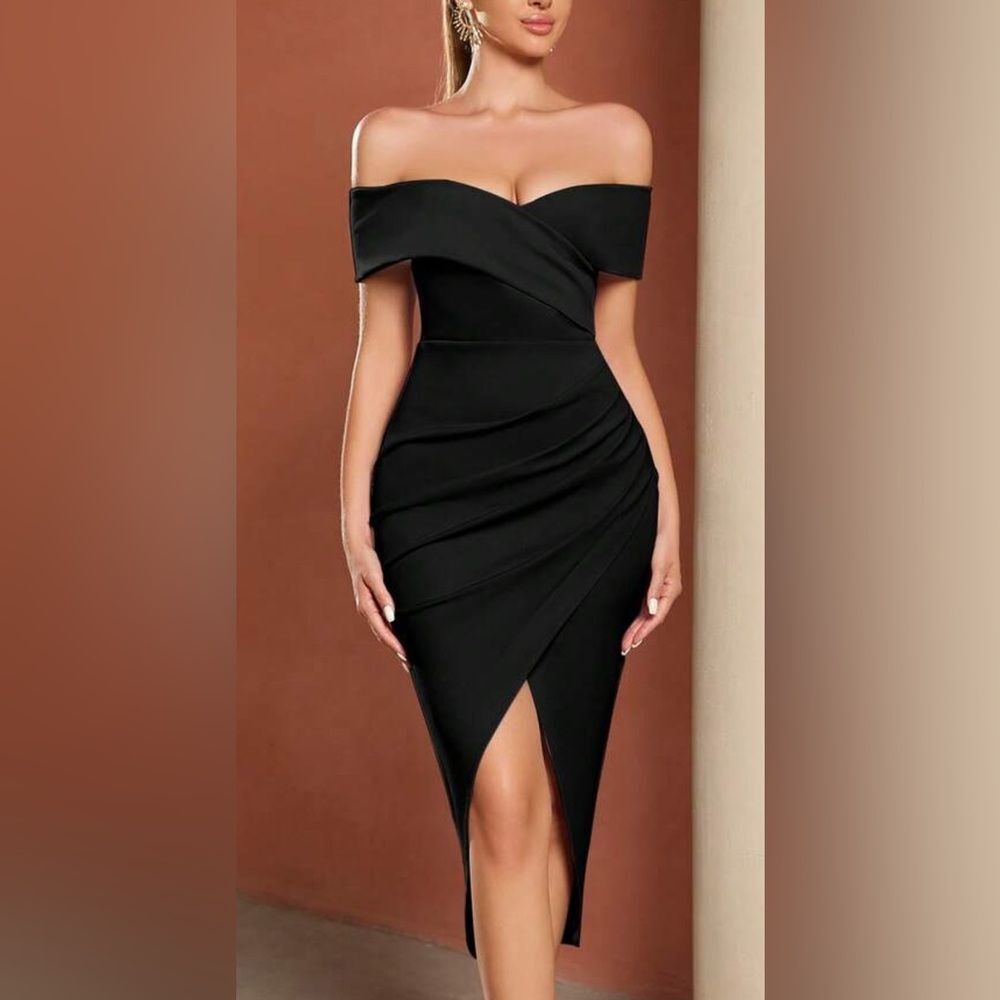 ADYCE Off Shoulder Ruched Wrap Midi Dress Black Large NWOT